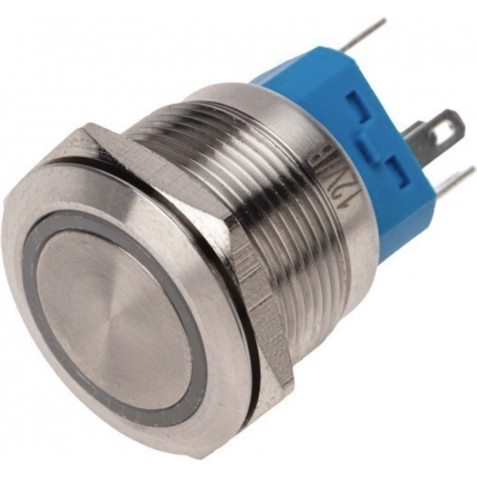 Кнопка REXANT антивандальная Ø22 12В(LED) Б/Фикс (5с) OFF-(ON) / ON-(OFF) подсв/синяя 36-3511
