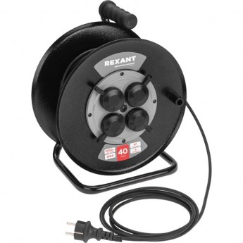 Удлинитель силовой REXANT КГ на катушке 4 гнезда, с/з, 40м, 3х1,5мм², IP44 с выключателем, c защитными крышками, металлическая катушка